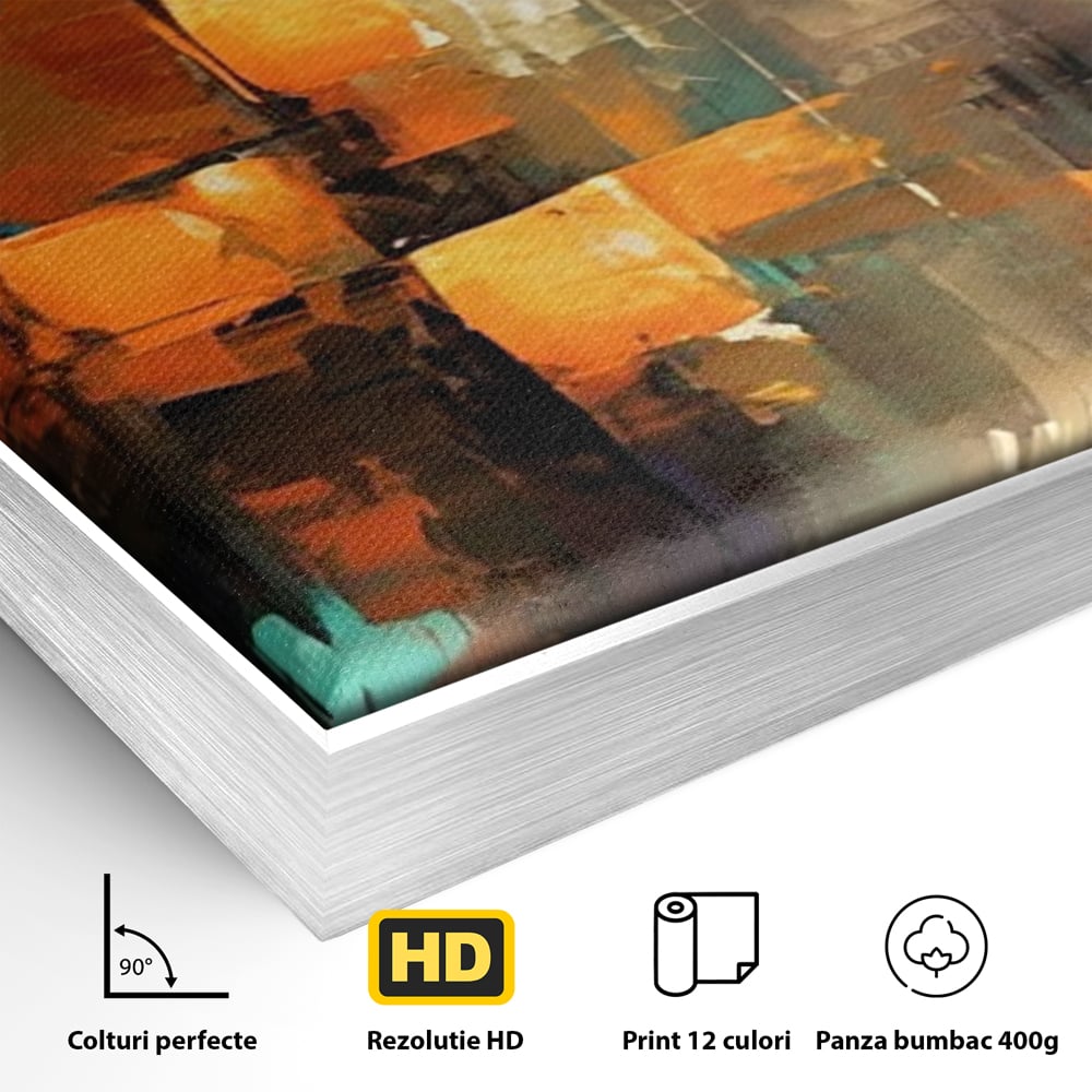 Detaliu al suprafetei: pictura abstracta cu linii verticale, in rama de aluminiu argintiu